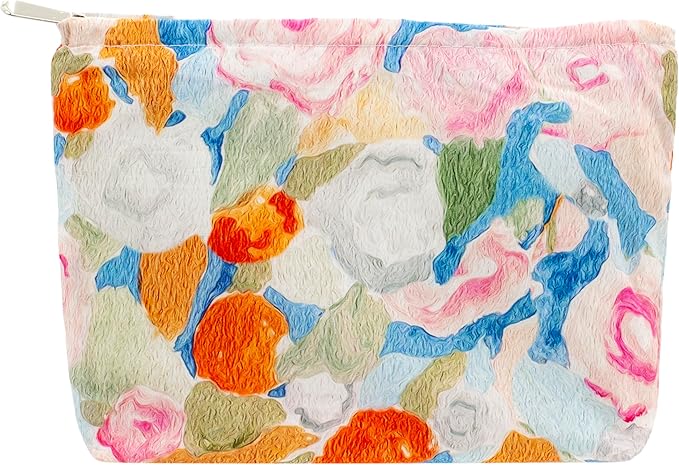 Flat Makeup Bag for Women,Zipper Cosmetic Pouch for Purse,Garden Orange