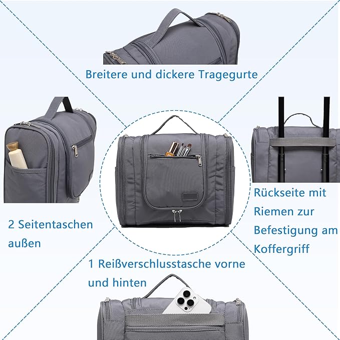 Hanging Travel Toiletry Bag for Men and Women with Metal Swivel Hook, Large Travel Makeup Organizer for Full Sized Cosmetics and Toiletries, Water-Resistant Bathroom Toiletry Bags, Grey