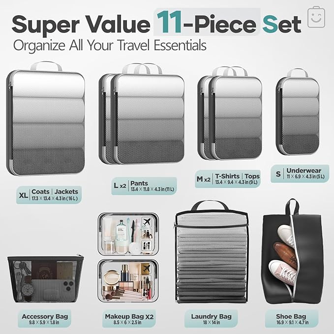 Veken 11 Set Compression Packing Cubes Garment Bags for Travel Essentials,Compressible Expandable Luggage Organizer Bags for Clothing,Space Saver Bags with Over 1000 pcs of Mesh Holes(Black)