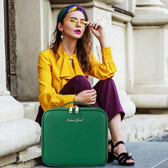 Extrei Gent Makeup Travel Train Case with Mirror LED Light 3 Adjustable Brightness Cosmetic Bag Portable Storage Adjustable Partition Waterproof Makeup Brushes Makeup Jewelry Gift for Women, Green
