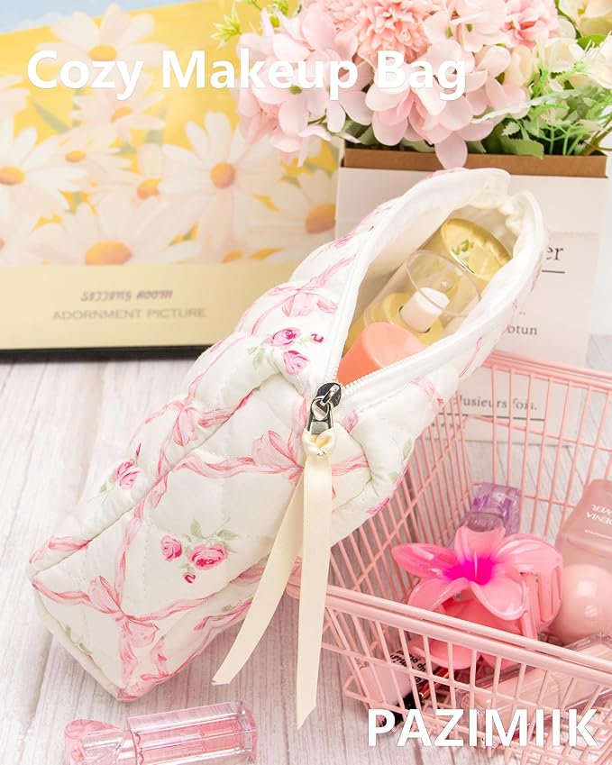 3 Piece Quilted Makeup Bag Set for Women,Cosmetic&Toiletry Bag,Bow Rose