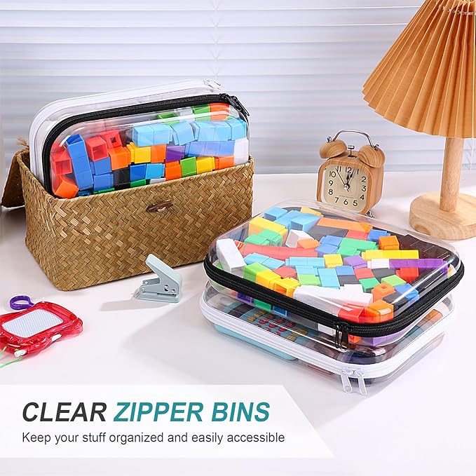 Hoolerry 4 Pcs Hard Clear Zipper Case Makeup Bags Plastic Zipper Pouch Transparent Storage Box Containers for Cosmetics, Snacks, Building Blocks, Puzzles(Clear,9.8 x 7.9 x 2 in,Black and White)