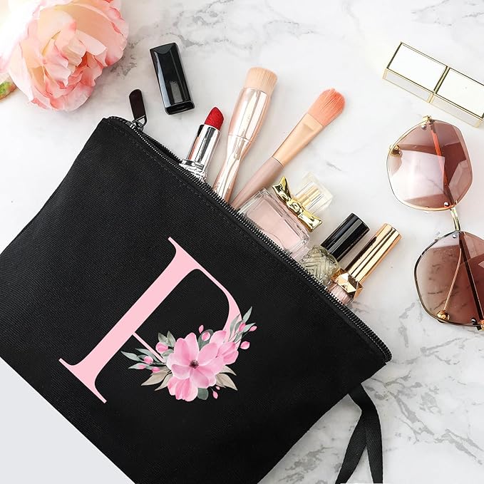 Vavabox A-Z Personalized Makeup Bag, Birthday Gifts for Women Mom, Gifts for Best Friend, Bride Bridesmaid Cosmetic bag (P, 02-Black)
