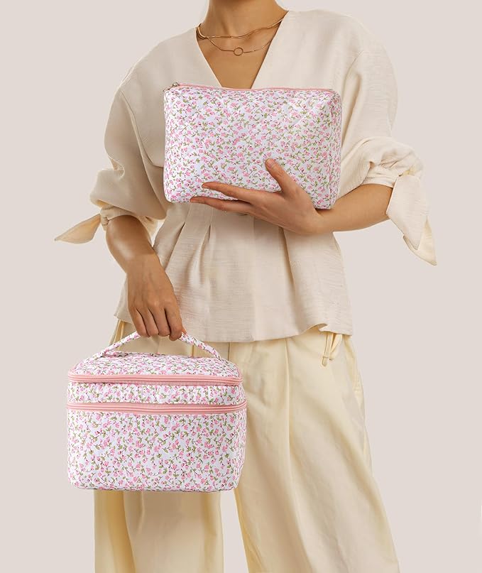 HBselect 2Pcs Travel Makeup Bag Large Quilted Cosmetic Bag Make up Bag
