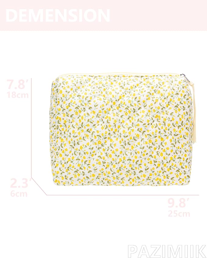 Quilted Makeup Pouch for Women, Travel Cosmetic&Toiletry Bag,Floral Yellow