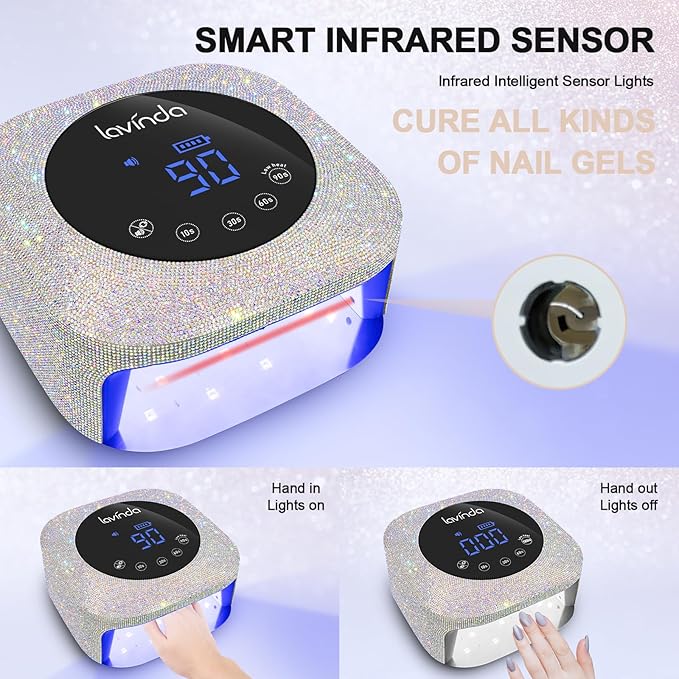 Lavinda 54W Cordless UV LED Nail Lamp for Gel Nails, Sparkle Rhinestone