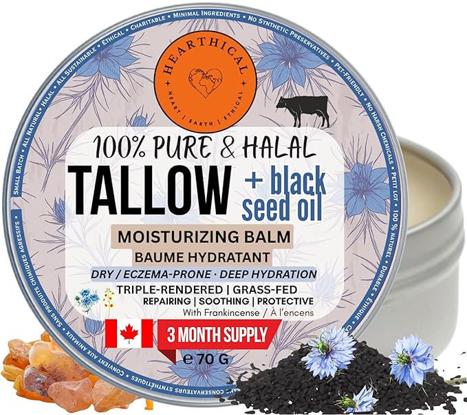 Hearthical Halal Grass Fed Beef Tallow For Skin – 70g Organic Beef Tallow Moisturizer – Beef Tallow Face Moisturizer & Beef Tallow Face Cream – Pure Beef Tallow Balm with Black Seed and Jojoba