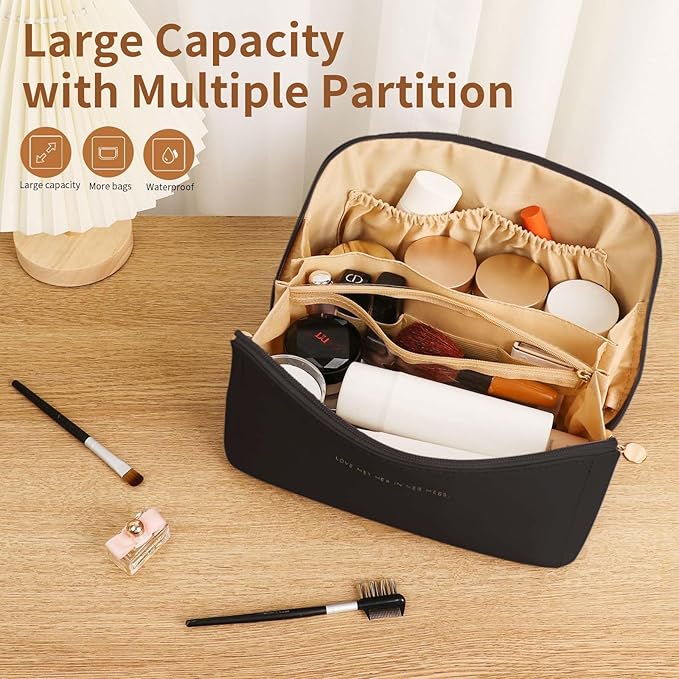 zaleeta Travel Makeup Bag, Large Capacity Cosmetic Organizer Bags for Women, Waterproof PU Leather Toiletry Bags, Wide Open Flat Makeup Case with Divider and Handle