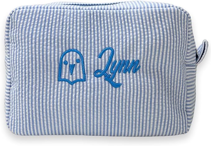 jcyif Custom Makeup Bag Personalized Cosmetic Bag Cute Seersucker Travel Toiletry Bag for Women Embroidered Bag Organizer for Bride Makeup Bag Gift Blue