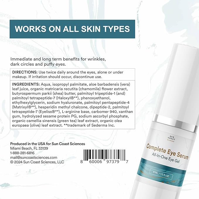 Sun Coast Sciences Complete Eye Serum - All In One Eye Gel with Peptides, Hyaluronic Acid & Vitamin C - Anti Aging Under Eye Serum for Dark Circles & Fine Lines - 0.5 Fl Oz (Pack of 1)