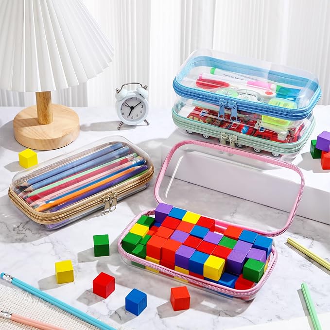 Hoolerry 4 Pcs Hard Clear Zipper Case Makeup Bags Plastic Zipper Pouch Transparent Storage Box Containers for Cosmetics, Snacks, Building Blocks, Puzzles(Clear,7.5 x 3.9 x 2 in,Soft Colors)