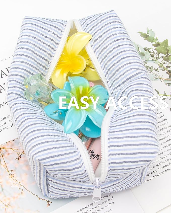 PAZIMIIK Cozy Makeup Bag for Women,Zipper Cosmetic Pouch,Stripe Blue Mix
