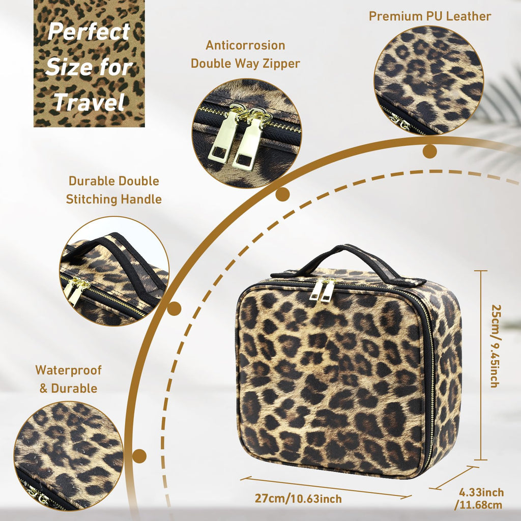 Jadazror Makeup Bag with Light Up Mirror, Lighted Travel Makeup Organizer 3 Colors Adjustable Brightness, Makeup Bag with Mirror and Light, Travel Train Case Portable Cosmetic Bag for Women(Leopard)