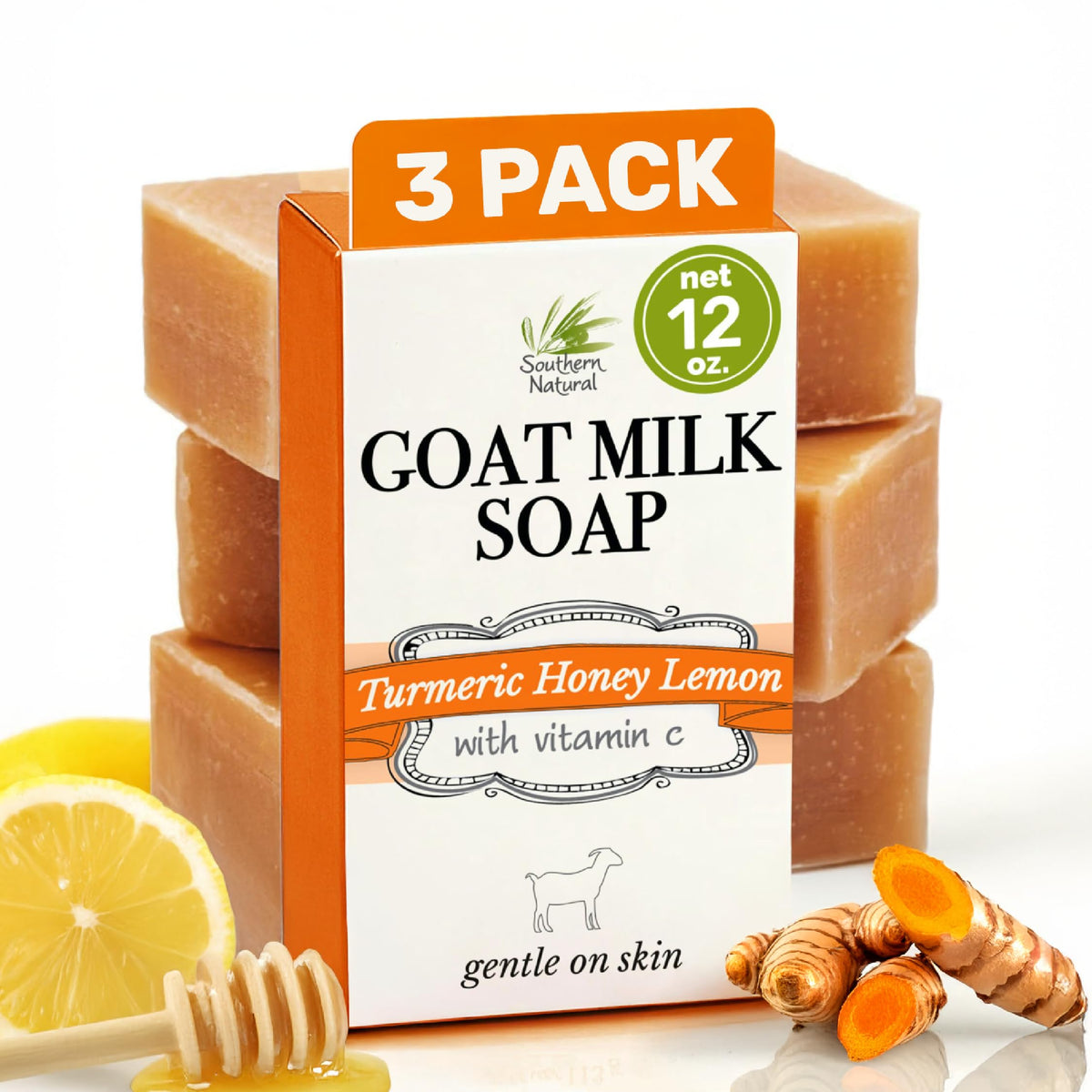 Southern Natural Turmeric Soap Bar, 3 Pack, For Face & Body, With Goat Milk