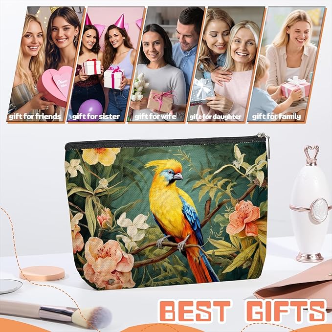 Scribesense Makeup Bag Travel Cosmetic Bags Small Makeup Case Waterproof Zipper Pouch for Women Girls 7X9inches - Colorful Bird on A Branch with Tropical Flowers