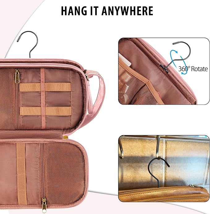 COOSKY Travel Toiletry Bag for Women, Large Hanging Toiletries Organizer Bags for Men, Cruise Ship Essentials, Water-resistant Shaving Case, PU Leather Makeup Accessories, Cosmetic Dopp Kit, Pink