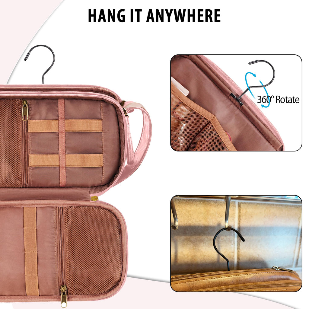 COOSKY Travel Toiletry Bag for Women, Large Hanging Toiletries Organizer Bags for Men, Cruise Ship Essentials, Water-resistant Shaving Case, PU Leather Makeup Accessories, Cosmetic Dopp Kit, Pink