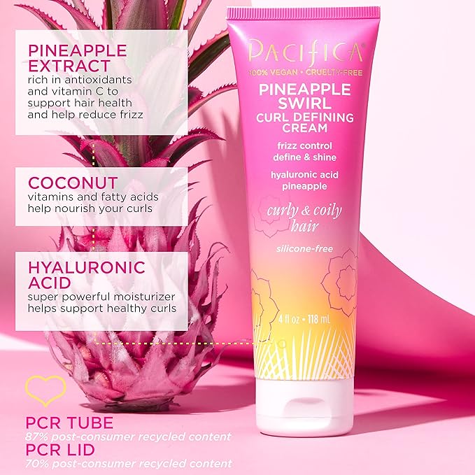 Pacifica Pineapple Swirl Curl Defining Cream – Bounce, Frizz Control & Curl Enhancer Styling Cream for Curly Hair & Wavy Hair – Coconut Oil & Hyaluronic Acid For No-Crunch Hold – Cruelty-Free – 4-oz