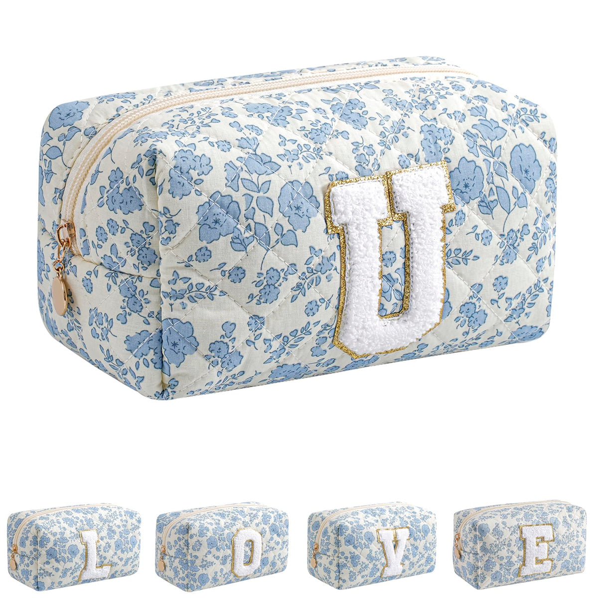 JOVAKIT Alphabet Makeup Bag Cosmetic Bag for Women, Christmas Gifts for Girls Age 6-18, Floral Flowers Coquette Travel Toiletry Zipper Make Up Pouch Organizer Trendy Stuff (Pink Floral N)