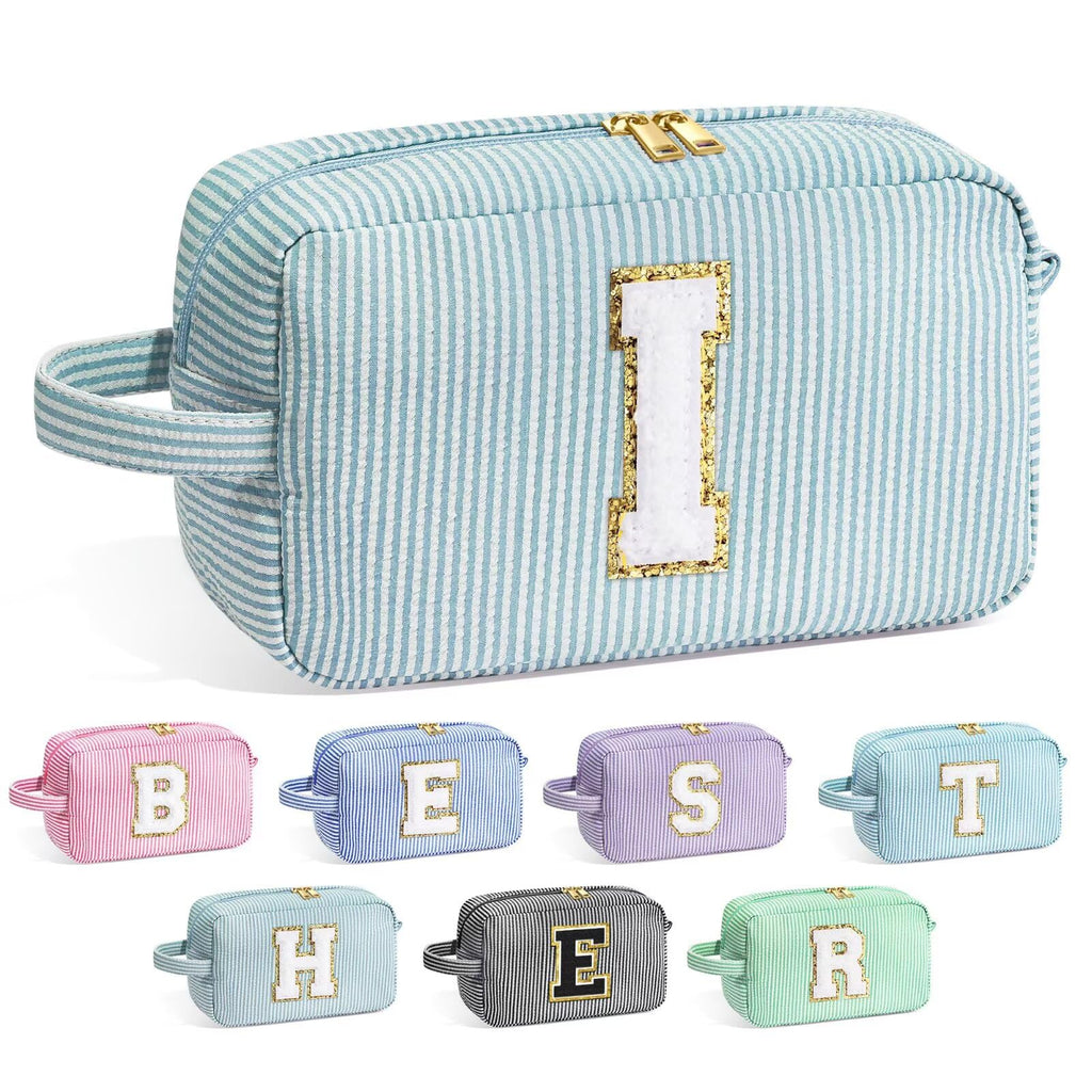 YOOLIFE Initial Cosmetic Bag for Women - Monogram Cute Makeup Bag Cosmetic Case Toiletry Pouch for Women Her Best Friend Sister Teacher, Personalized Birthday Gifts for Women, Green I