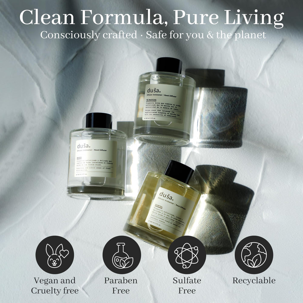 Duša Santal Reed Diffuser & Sticks - 5 Fl Oz Essential Home Fragrance Decor for Bathroom, Office & Living Spaces – Stylish & Long-Lasting Room Air Freshener -Ideal for Housewarming & Special Occasions