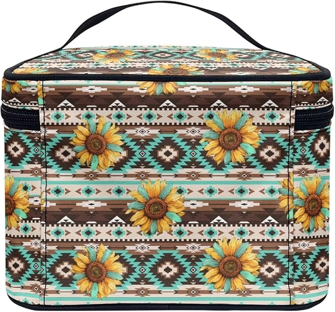 Drydeepin Navajo Aztec Tribal Sunflower Pattern Travel Makeup Bags for Women Portable Tote Cosmetic Case with Carry Handle Toiletry Accessories Storage Organizer Bags