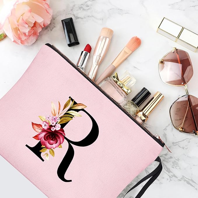 Vavabox A-Z Personalized Makeup Bag, Birthday Gifts for Women Mom, Gifts for Best Friend, Bride Bridesmaid Cosmetic bag (R, 06-Pink)