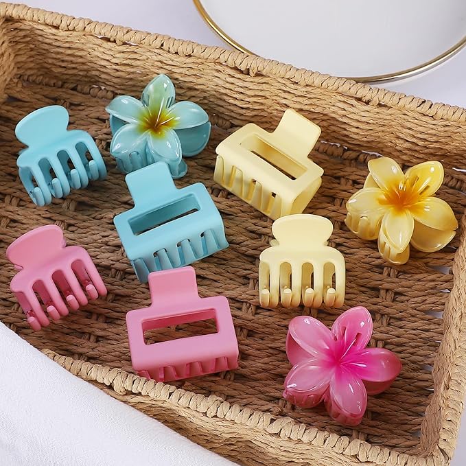 Hair Clips for Women 9 Pack Medium Claw Clips, No Slip Strong Hold Hair Clips for Thick & Thin Hair, Flower Square Aesthetic Styles for Everyday Styling, Trendy Hair Accessories (Pink)