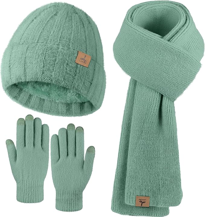 LOROME Winter Beanie Hat Gloves Scarf, Cashmere Hat Gloves Scarf Set Women