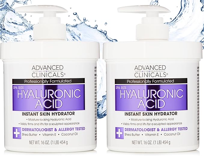 Advanced Clinicals Hyaluronic Acid Moisturizer Body Cream With Vitamin E | Hydrating Cream & Body Lotion For Women & Men To Help Improve Look of Wrinkles, Dry Skin, Crepey Looking Skin, 16OZ, 2-Pack