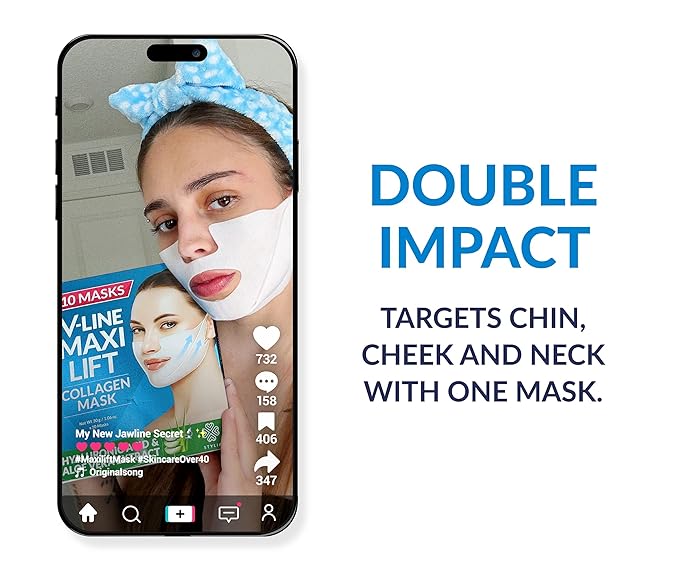 Stylia MaxiLift V-Line Lifting Collagen Face Mask - Double Chin Strap - Jawline Shaper - Neck Firming and Tightening Mask with Hyaluronic Acid & Aloe Vera - Chin Strap for Sleeping (10PC)