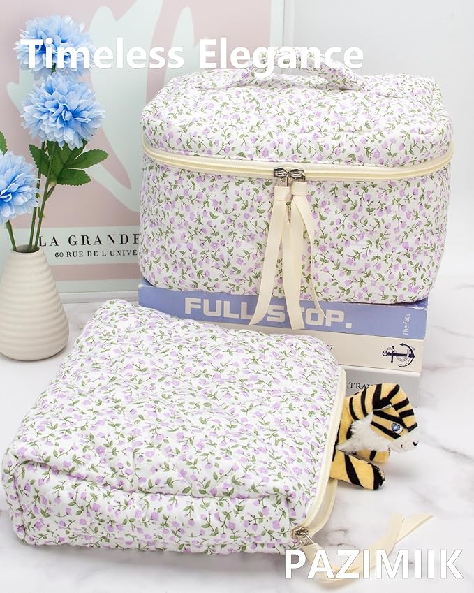 Quilted Makeup Pouch for Women, Travel Cosmetic&Toiletry Bag,Floral Purple