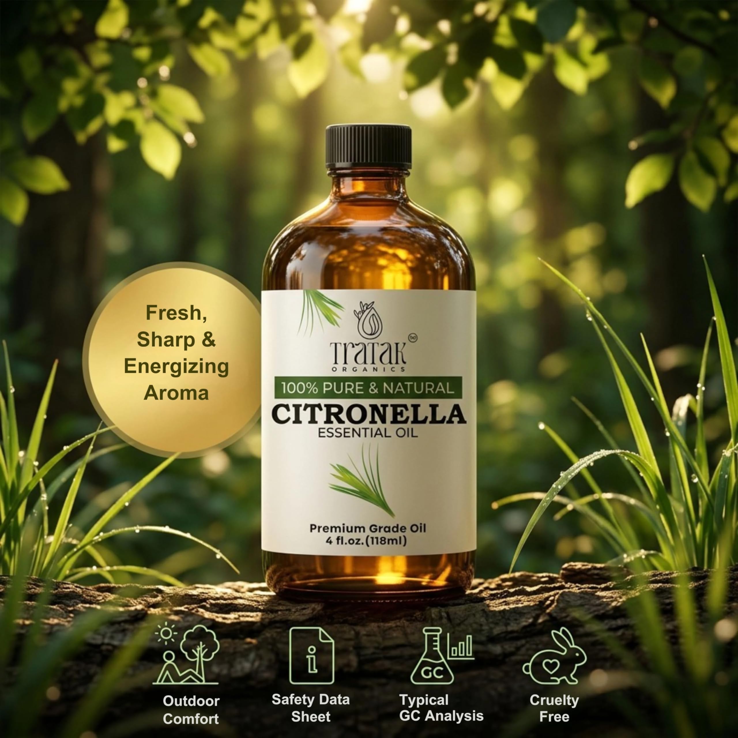 TRATAK ORGANICS Citronella Essential Oil – 4 Fl Oz – 100% Pure and Natural Citronella Oil for Diffuser and Aromatherapy, Skin, Massage, Candle and Soap Making Fragrance - with Dropper