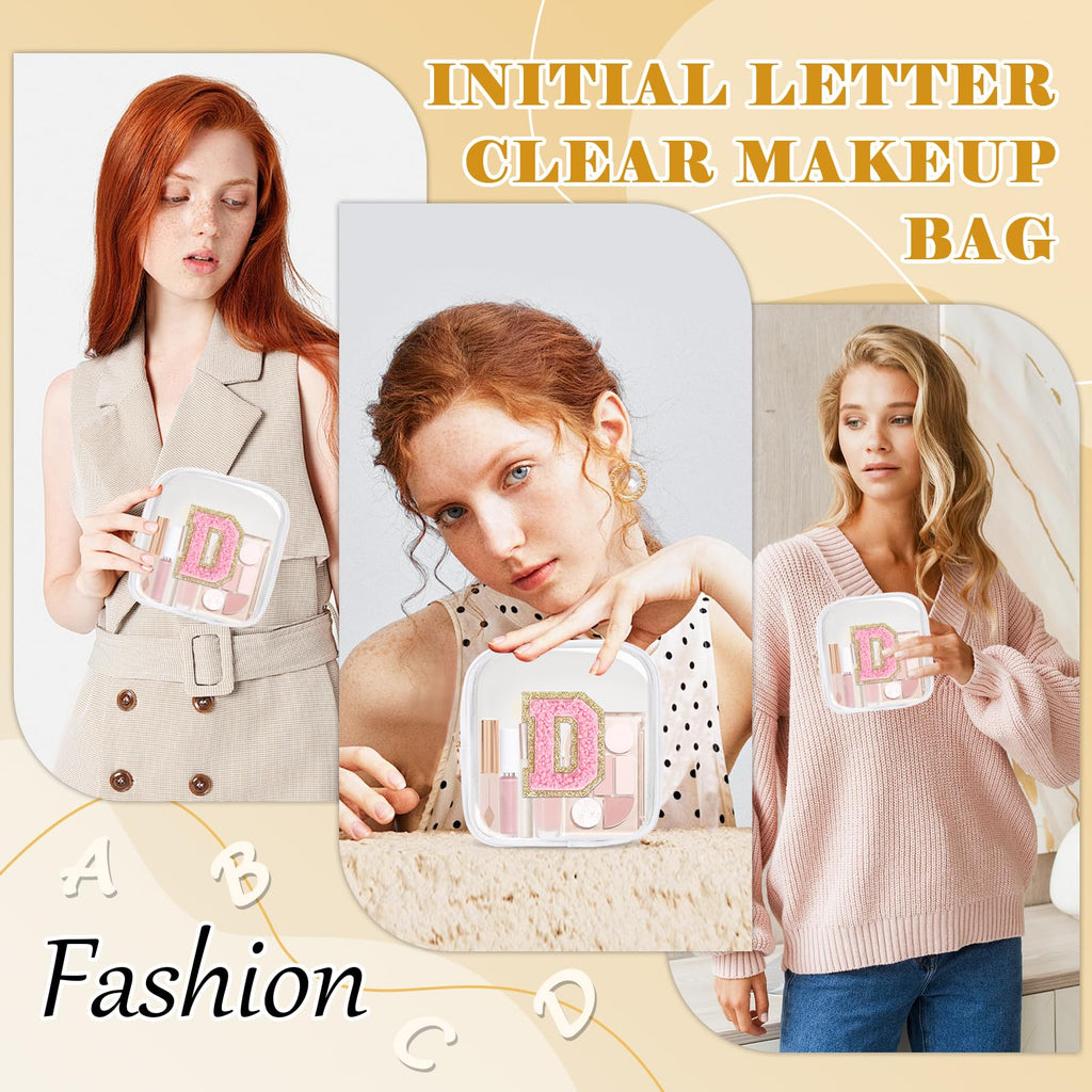 Personalized Initial Letter Clear Preppy Makeup Bag,Mini Nylon Chenille Letter Cosmetic Bag Cute Zipper Pouch Purse for Teen Girls,Portable TSA Approved Beach Travel Essentials Bag Gift for Women,D