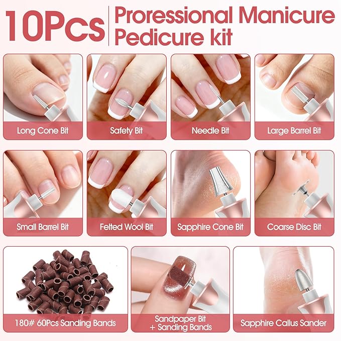Haootadiy Electric Nail Drill File, Cordless Electric Nail Filer Buffer with Nail Drill Bits Sanding Bands Professional Manicure Pedicure Set for Nail Grind Trim Polish, for Women & Men