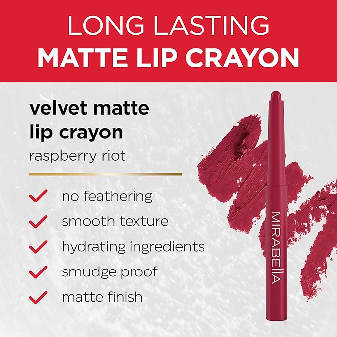 Mirabella - Velvet Matte Lip Crayon, Retractable Highly-Pigmented 2-in-1 Makeup, Long-Lasting Hydrating Lipstick Crayon + Lip Liner, Moisturizing Cream-to-Matte Lipcare Formula, Sunset Coral