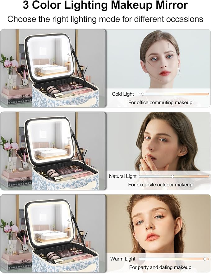 Chomeiu Makeup Bag with LED Mirror, Travel Cosmetic Bag for Women Girls