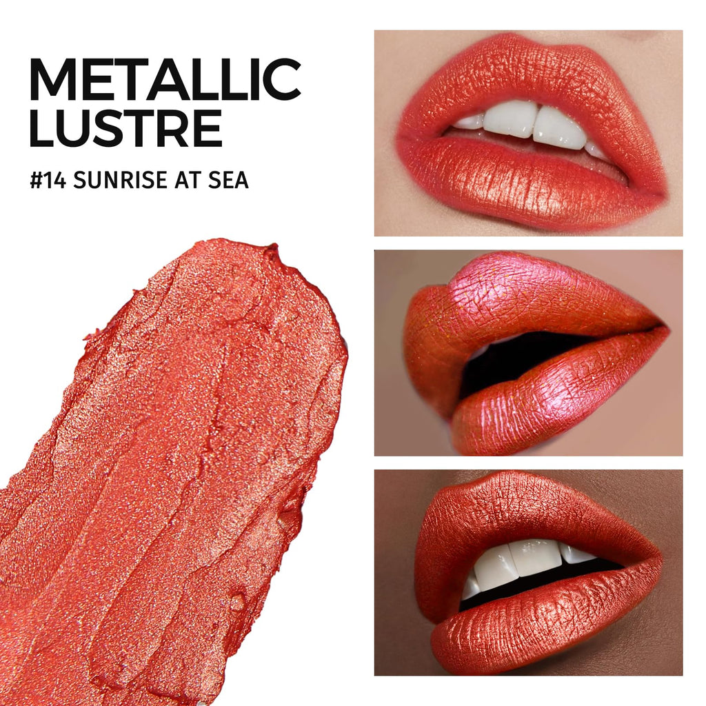 Anglicolor Glitter Coral Lipstick,Diamond High Shine Finish,Moisturizing Creamy Formula,Non-Sticky,Sparkle Brick Red Lipstick For Women,For Bar Nights Party,Music Festivals(14 SUNRISE AT SEA, 4g)