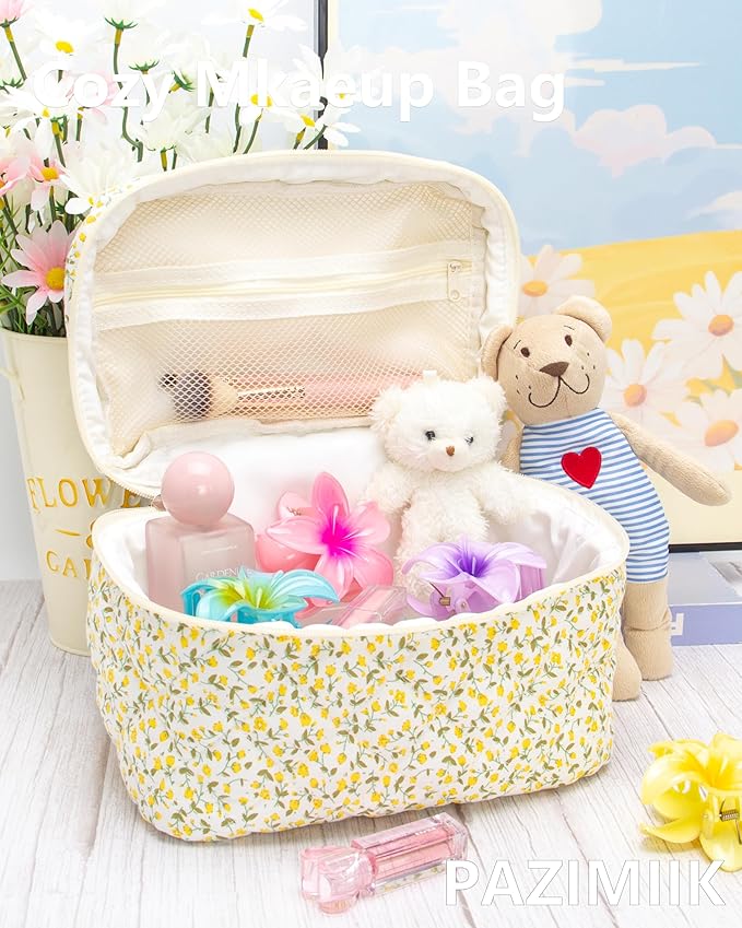 Quilted Makeup Bag for Women, Travel Cosmetic&Toiletry Bag,Floral Yellow