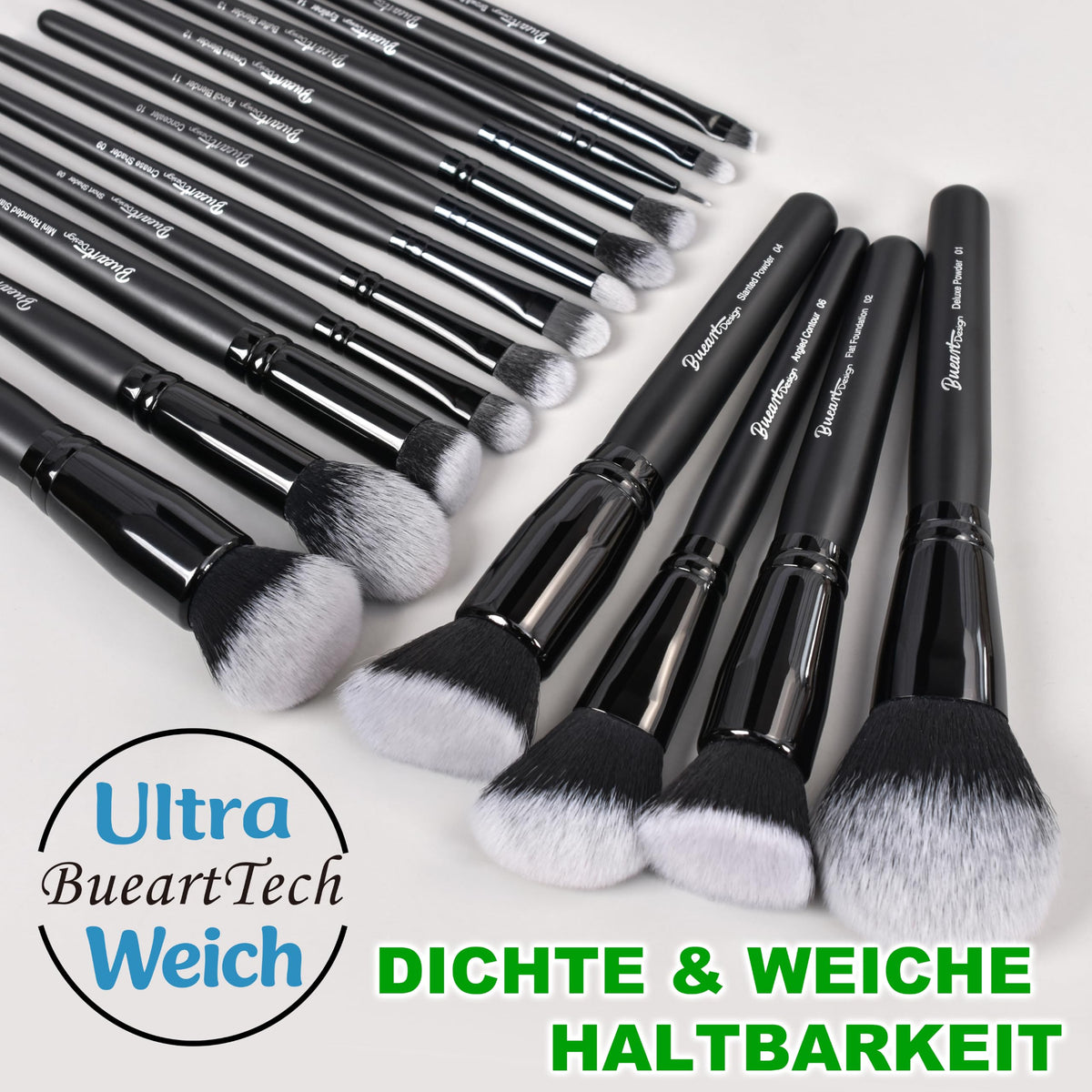 Bueart Design 19Pcs Ultra Soft Black Labeled Dense Hair Makeup Brushes Set