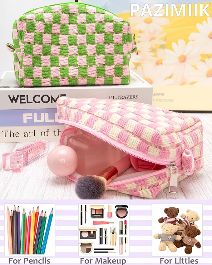Checkered Makeup Bag for Purse, Small Travel Cosmetic Pouch,Pink Beige