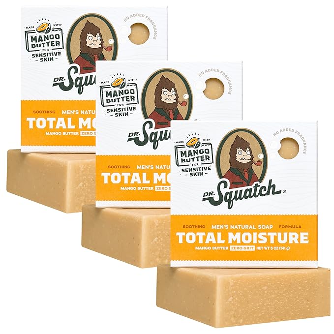 Dr. Squatch Total Moisture Natural Men’s Bar Soap – Non-Drying 2-in-1 Face + Body Soap Bar – Plant-Based Ingredients, Created for All Skin Types – Gifts for Men – Mango Butter, 5oz (3-Pack)