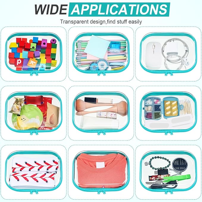 Sanwuta 6 Pcs Clear Hard Zipper Case Plastic Zipper Pouches Transparent Makeup Bag Pencil Case Pouches Toiletry Diaper Bag for Travel Toy Storage Organizer Bins(Teal,7.87 x 5.9 x 2 Inch)