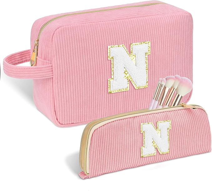 Sernaxi Personalized Initial Makeup Bag Trendy Stuff Corduroy Cosmetic Bag Travel Toiletry Bag, Valentine’s Day Gift Makeup Organizer Case & Makeup Pouch for Women teen Girls Mom Girlfriend Wife