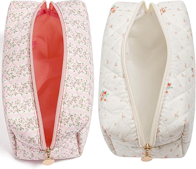 HHQQWZ Makeup Bag Travel Cosmetic Bag for Women Girls, Zipper Make Up Pouch, Floral Flowers Toiletry Organizer Makeup, Portable Storage Cosmetic Travel Cloth Bag (Pink+White Small Flower)