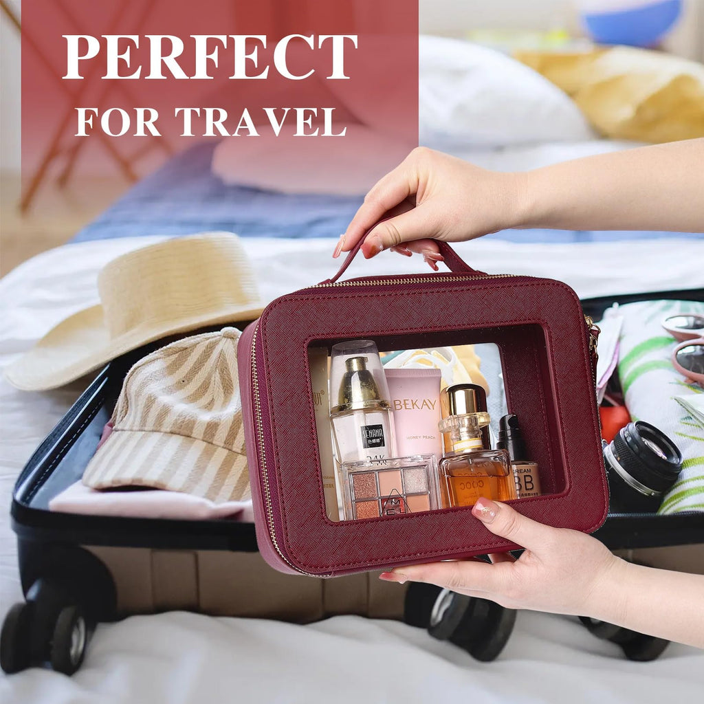 Pinkmik Clear Makeup Bag Waterproof Travel Case for Cosmetics and Toiletries Women's Purse Organizer and Clear Car Bag with Zipper (X/Burgundy, L+M+MINI)