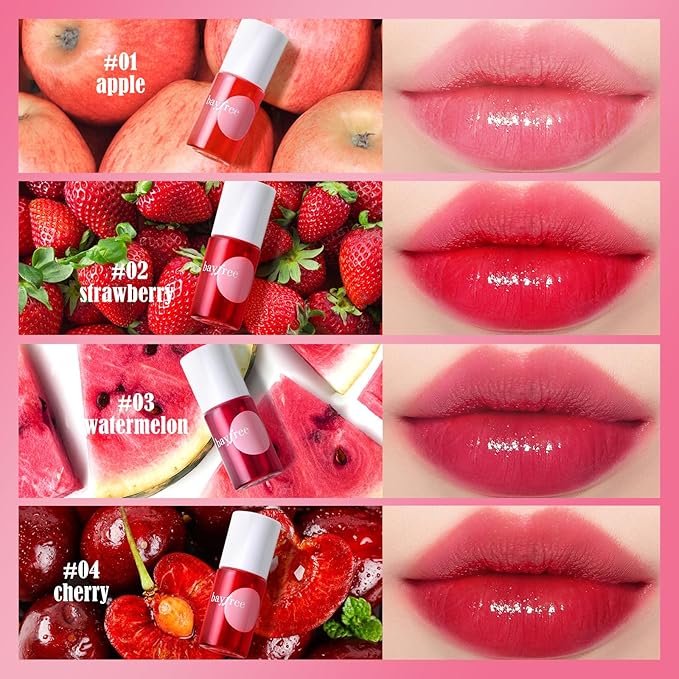 bayfree Lip Tint Stain Set, 4 PCS Korean Water Tint Lightweight Non-sticky, Waterproof Long Lasting Liquid Blush & Lip Stain, Transfer-Proof, Matte Finish Lip Color Makeup (fruit farm)