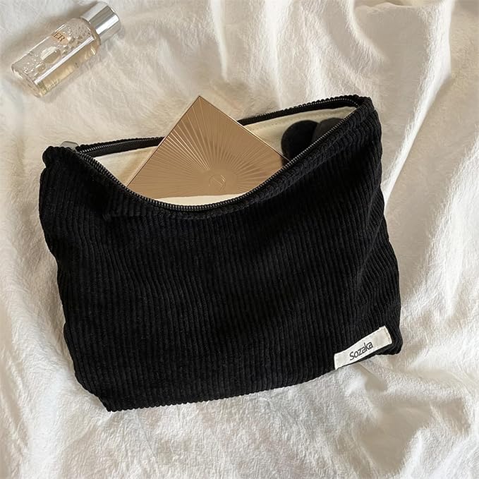 Gardsell Cosmetic Bags for Women - Corduroy Cosmetic Bag Aesthetic Women Handbags Purses Smile Dots Makeup Organizer Storage Makeup Bag Girls Case Bags (Pure Black)