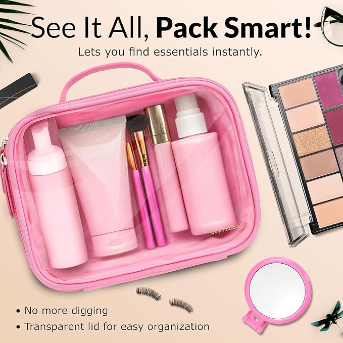 Pink Clear Makeup Bag, Travel Cosmetic Pouch with Transparent Front, Quart Size Toiletry Organizer for Women, Girls & Teens, Cute Makeup Case