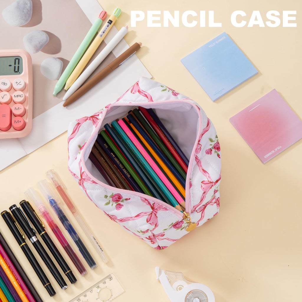UUYUUY Makeup Bag Travel Toiletry Bag for Women, Small Cosmetic Bags Cute Quilted Cotton Makeup Pouch for Purse Emergency Bag Floral Pencil Case Accessory Bag, Bow and Floral